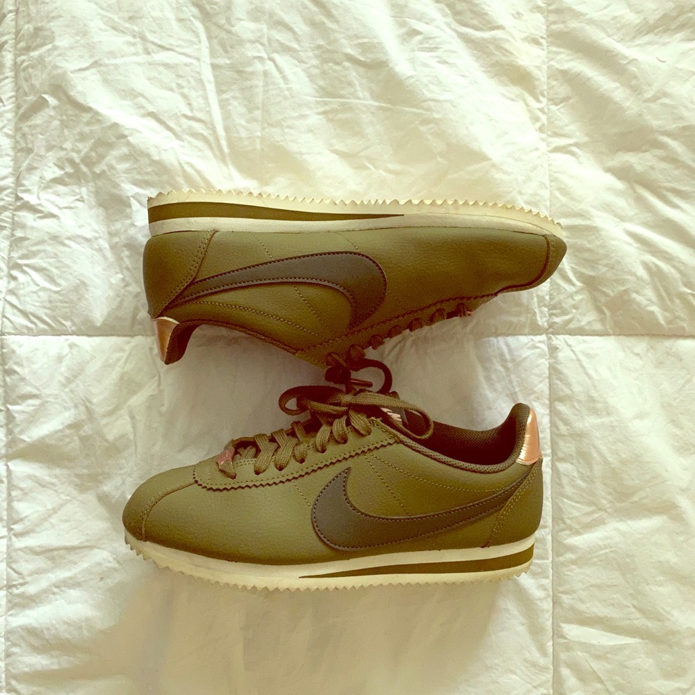 Olive and rose gold Cortez Nikes